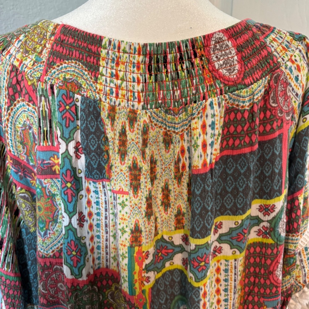 Ali Miles Patchwork Paisley Pom Pom Trim Flutter Sleeve Multicolor Print Top XL - Picture 8 of 16